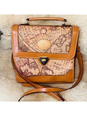 Vintage Rare E Collection World Map Tan Crossbody Shoulder HandBag Purse Unique